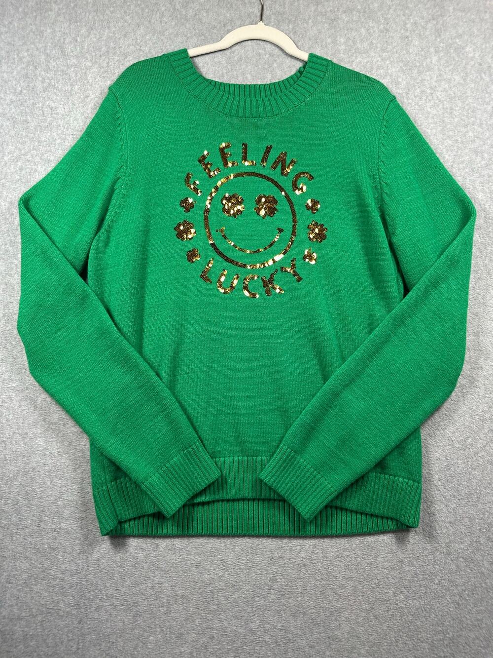 Feeling Lucky Sequin Sweater Women's Size L Green Knit Crew Casual Pullover